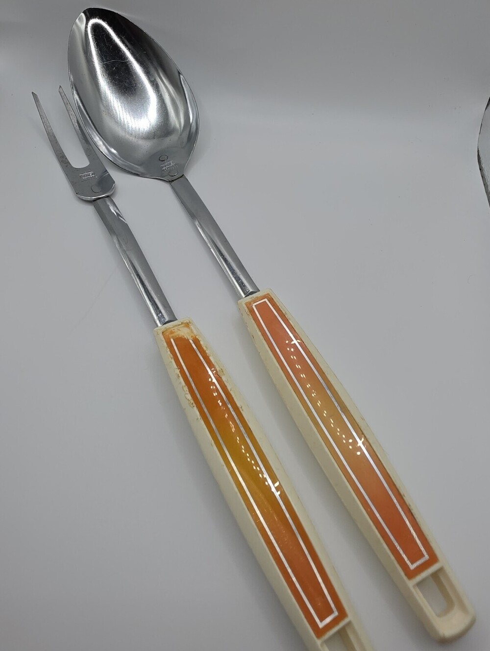 EKCO Chromium Plated Serving Spoon & Fork USA Vtg Retro Kitschy Orange Vintage